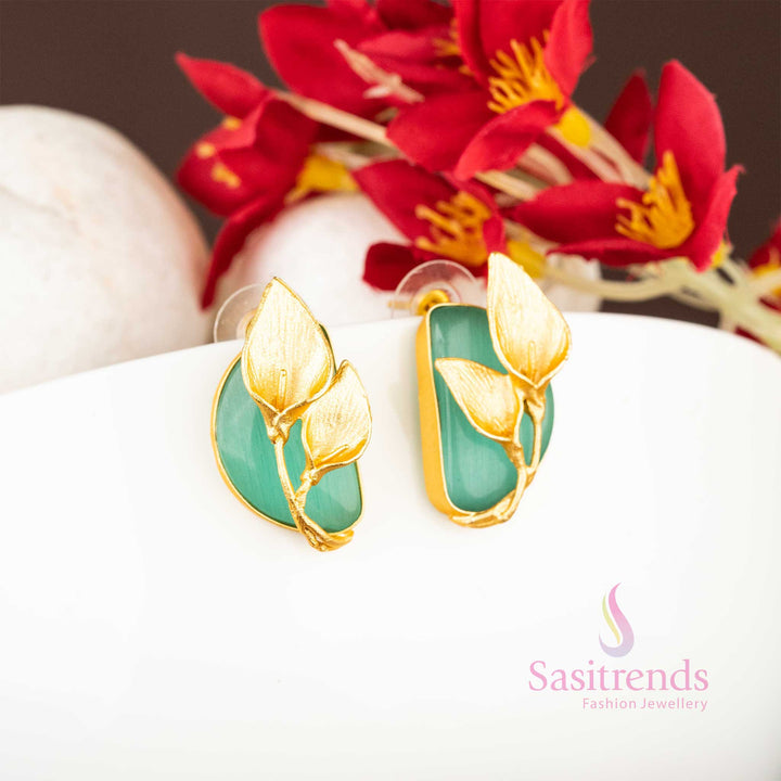 Trendy Gold Plated Push Back Leaf Pattern Mint Stone Studded Earrings
