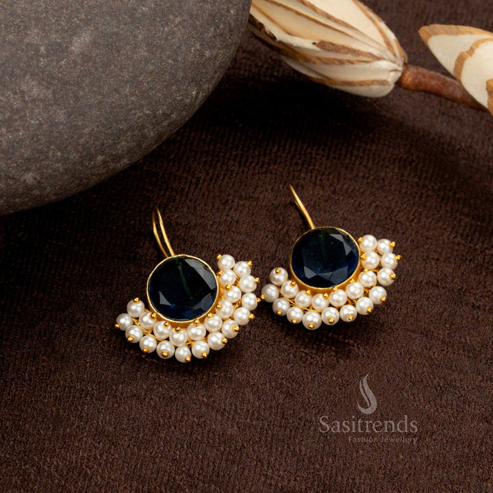 Sasitrends - Gold Plated Contemporary Round-Shaped Monalisa Stone Pearl Studded Fishhook Earrings