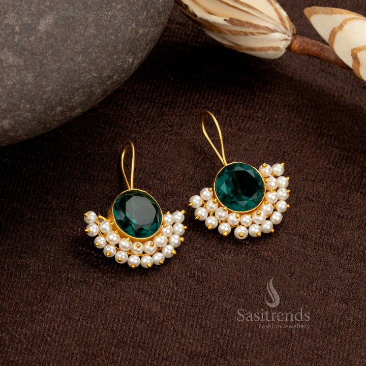 Mint Green Round-Shaped Monalisa Stone Gold Plated Earrings with Pearls - Sasitrends