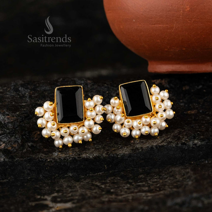 Office Wear Black Gold Plated Pearl Earrings Sasitrends Online Shopping