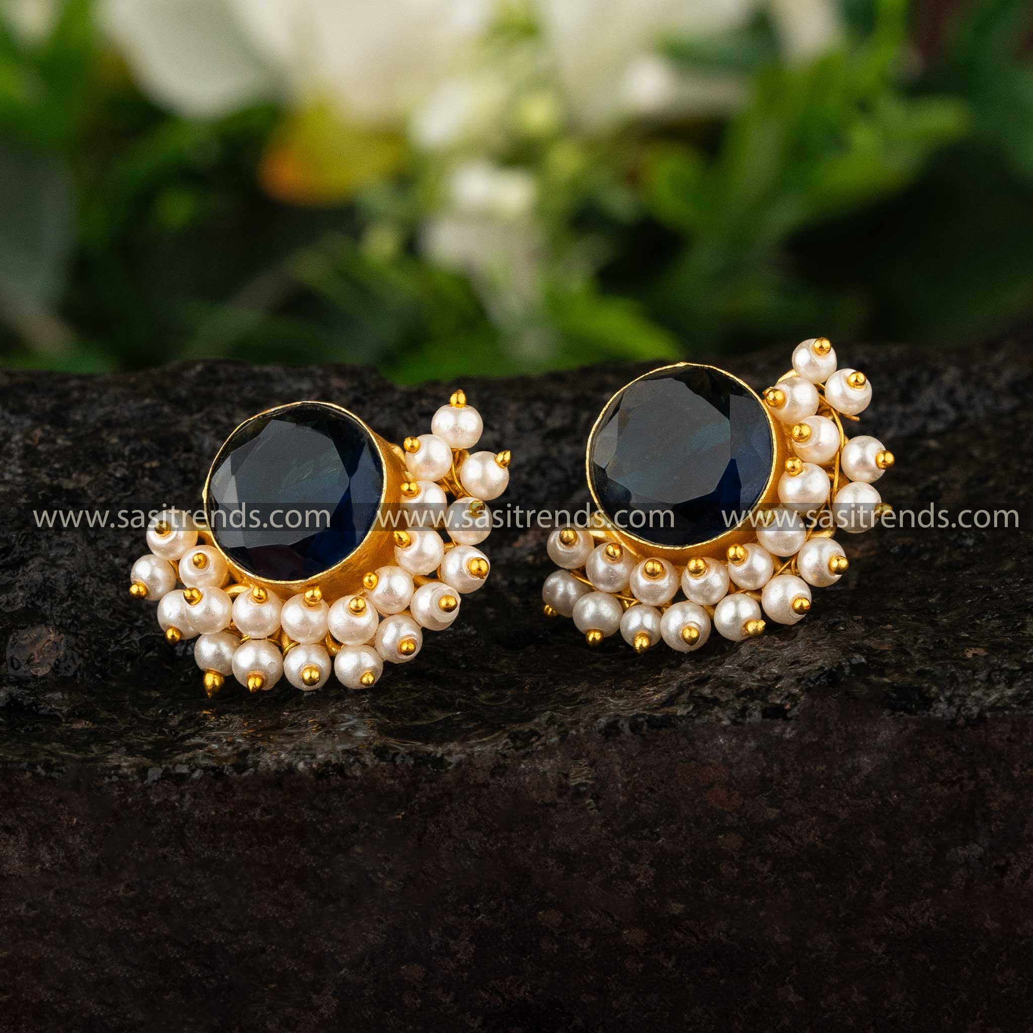 Sasitrends Round Shaped Stone Gold Plated Earrings with Pearl Embellishments