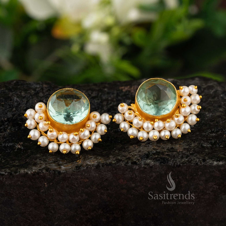 Elegant light aqua stone earrings with pearl embellishments sasitrends online shopping