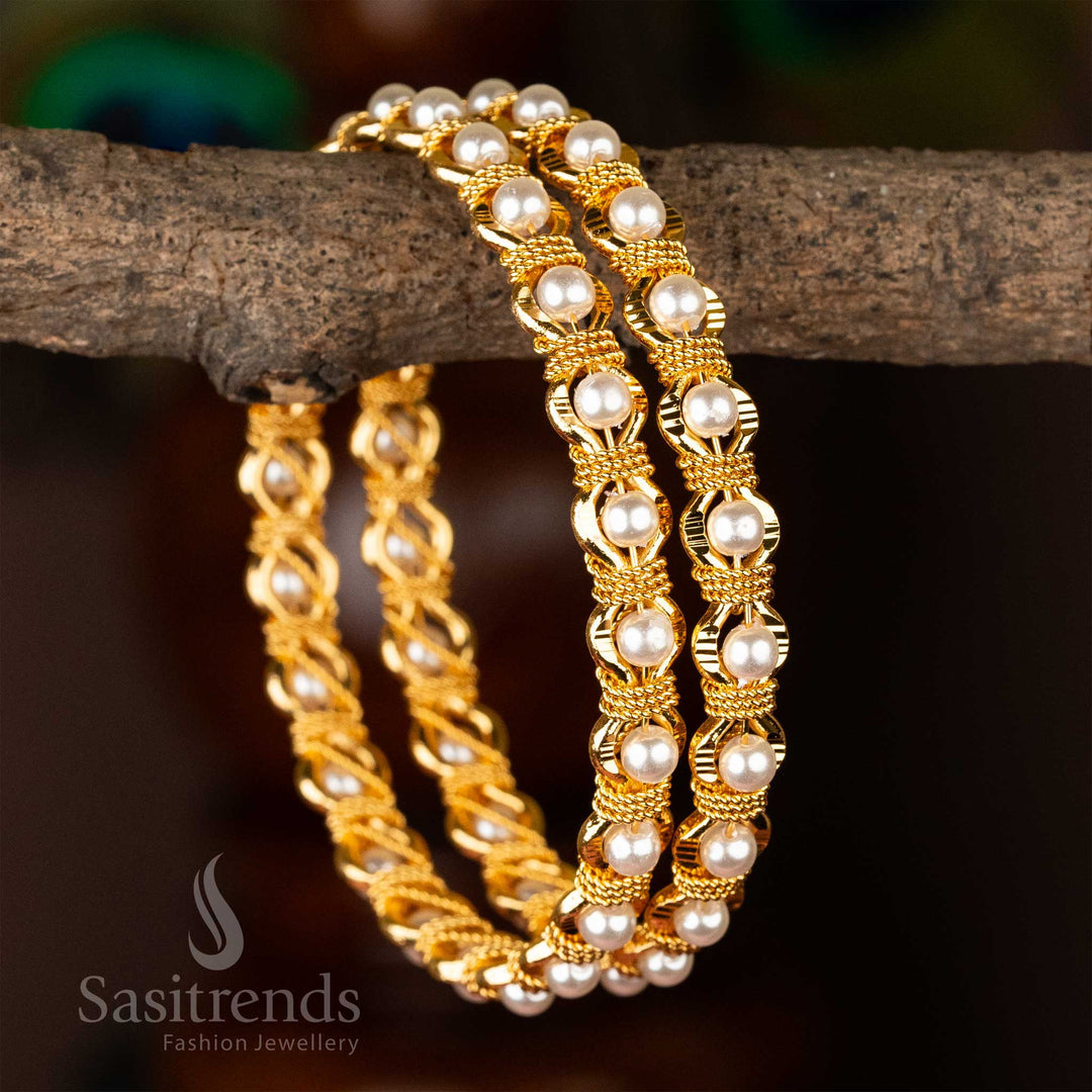 Elegant Traditional Wear Micro Gold Plated Pearl Bangles Sasitrends