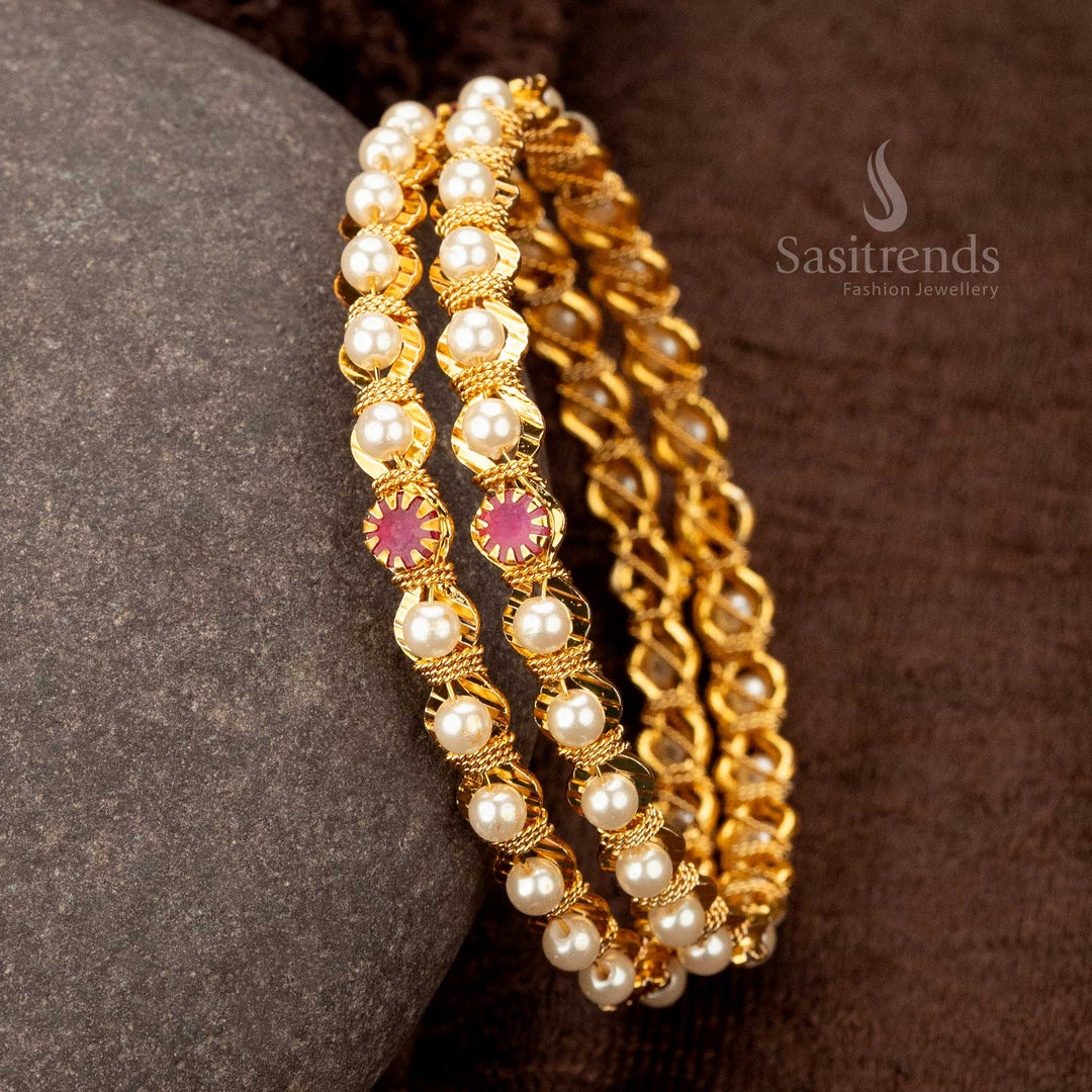 Traditional Micro Gold Plated Pearl and AD Stone Studded Bangles Real  Gold Look Sasitrends