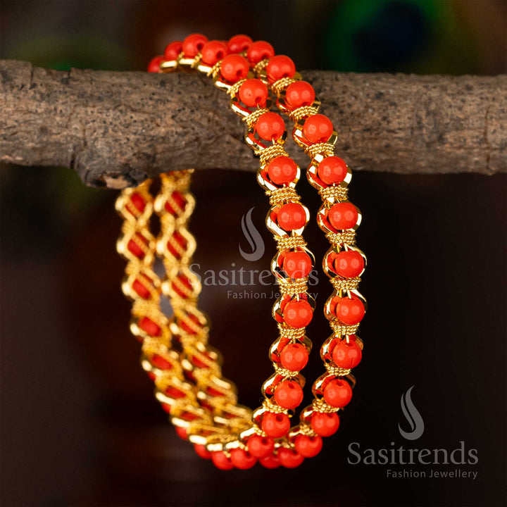 Elegant Traditional Wear Micro Gold Plated Pearl Bangles - Sasitrends