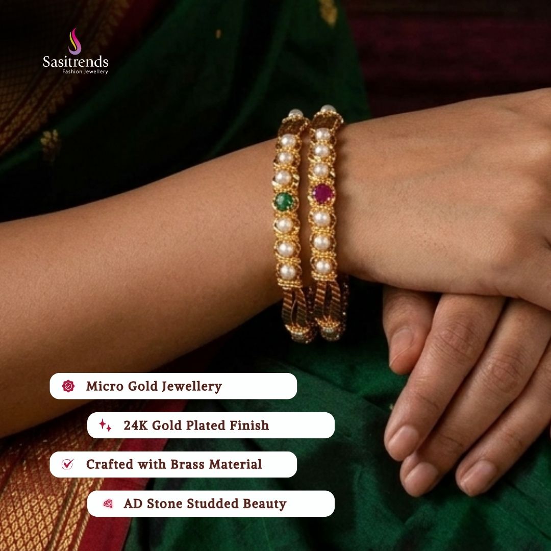 Beautiful collection of micro gold plated bangles styled by a model, elegant traditional jewellery suitable for festive wear, wedding functions, party occasions, and ethnic outfits.