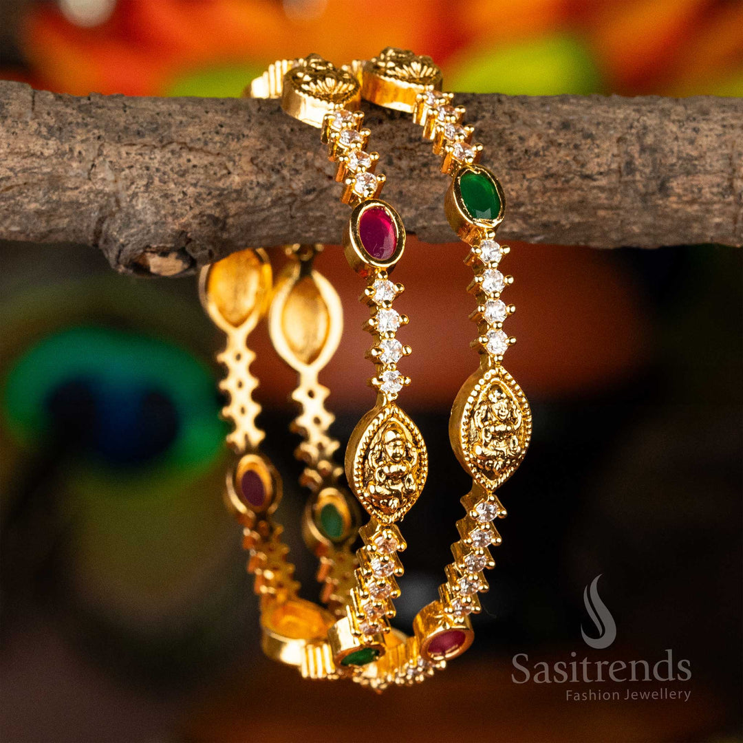 Matt Gold Plated Lakshmi Oval And Round AD Stone Studded Temple Brass Bangles Sasitrends Online Shopping