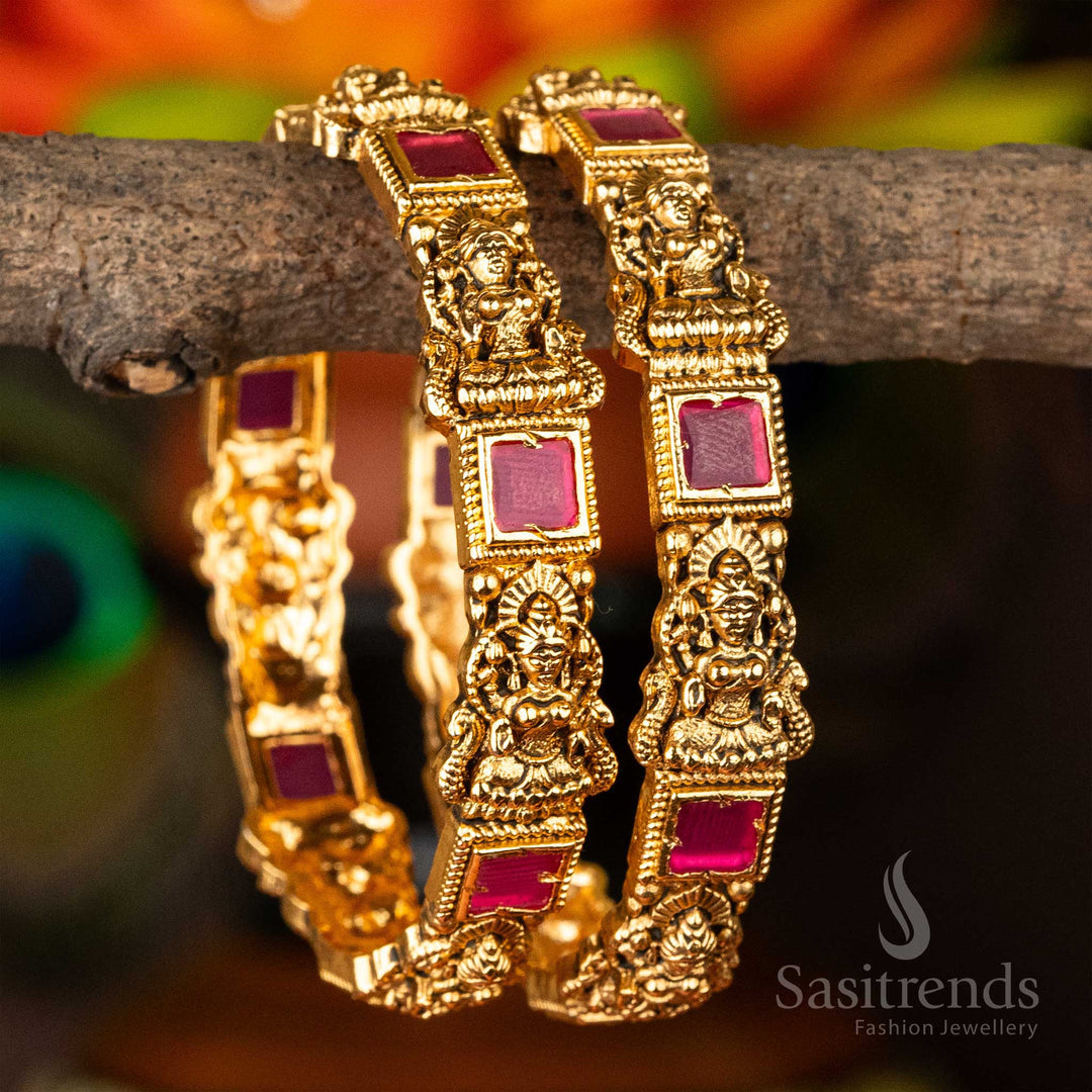 Matte Gold Plated Square Stone Studded Lakshmi Temple Brass Bangles Sasitrends Online Shopping