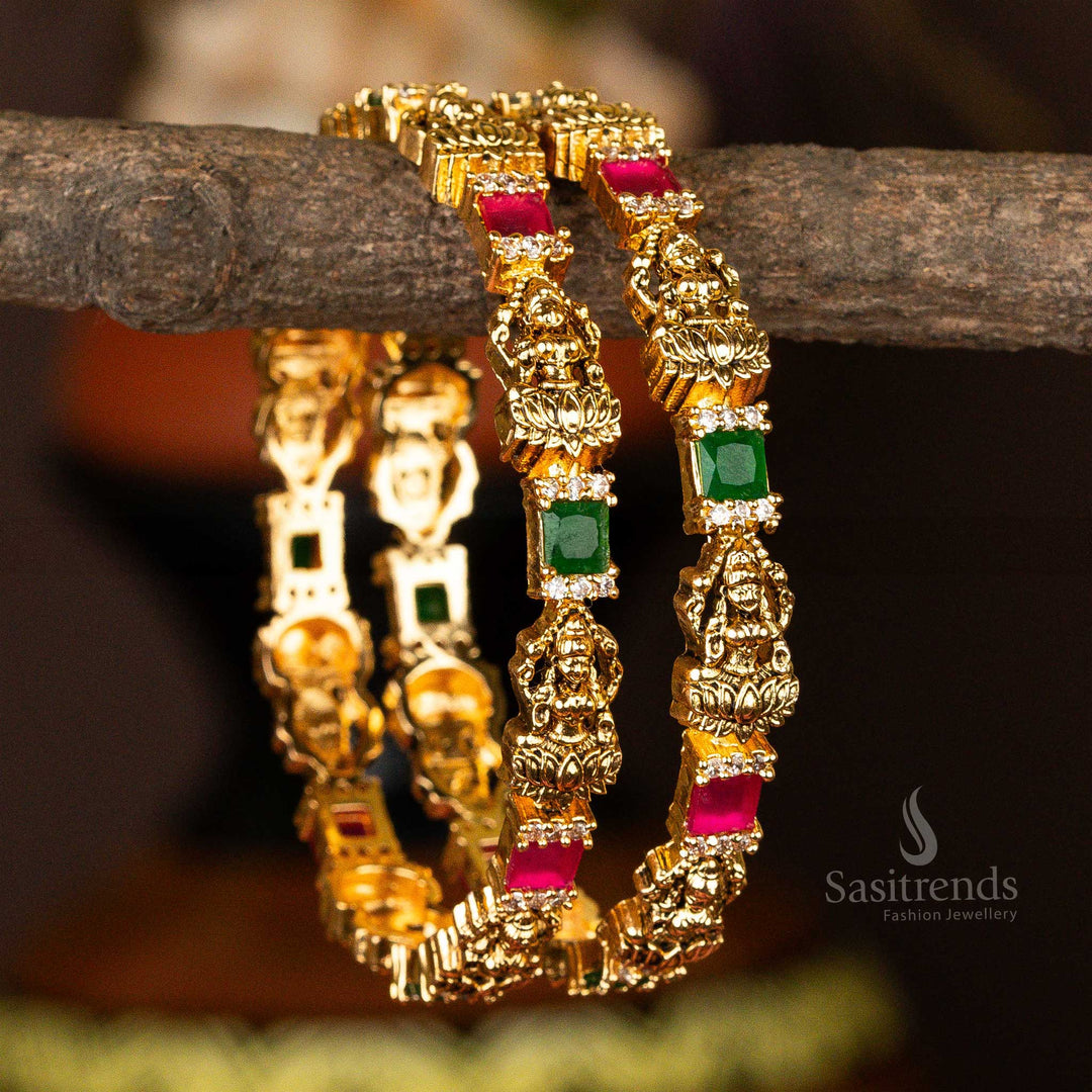 Traditional Temple Wear Matt Gold Plated Square AD Stone Lakshmi Designer Bangles