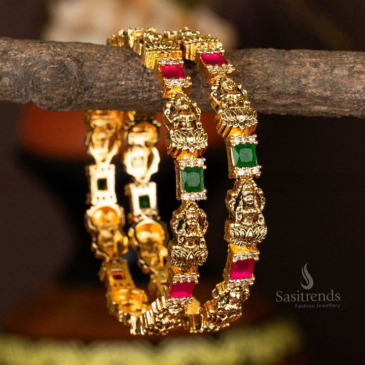 Heritage Temple Matte Gold Collection: Lotus Lakshmi & Square AD Gems Bangles - Sasitrends