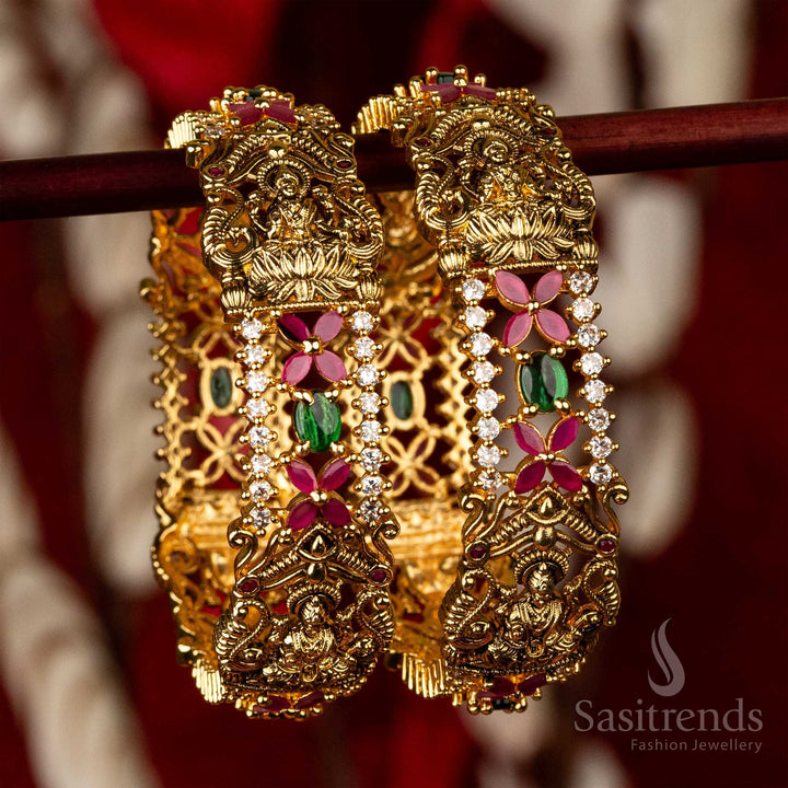 Matte Gold-Plated Lakshmi Temple Bridal Bangles with AD Marquise & Oval Stones - Sasitrends
