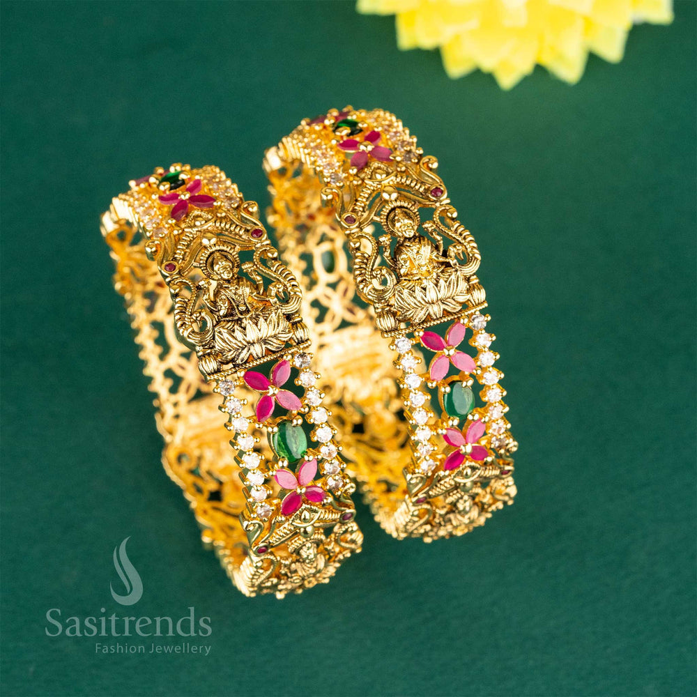 Matte gold-plated Lakshmi temple bridal bangles adorned with multi-colour AD marquise and oval stones, reflecting regal heritage charm and sacred bridal elegance – traditional ethnic jewellery by Sasitrends