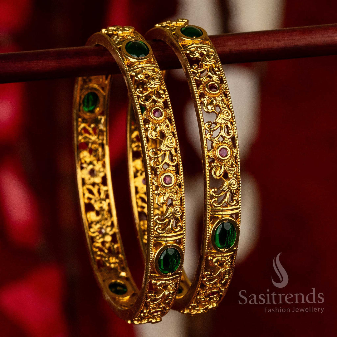 Temple Grandeur Matte Gold Bangles with Traditional Floral Pattern  - Sasitrends