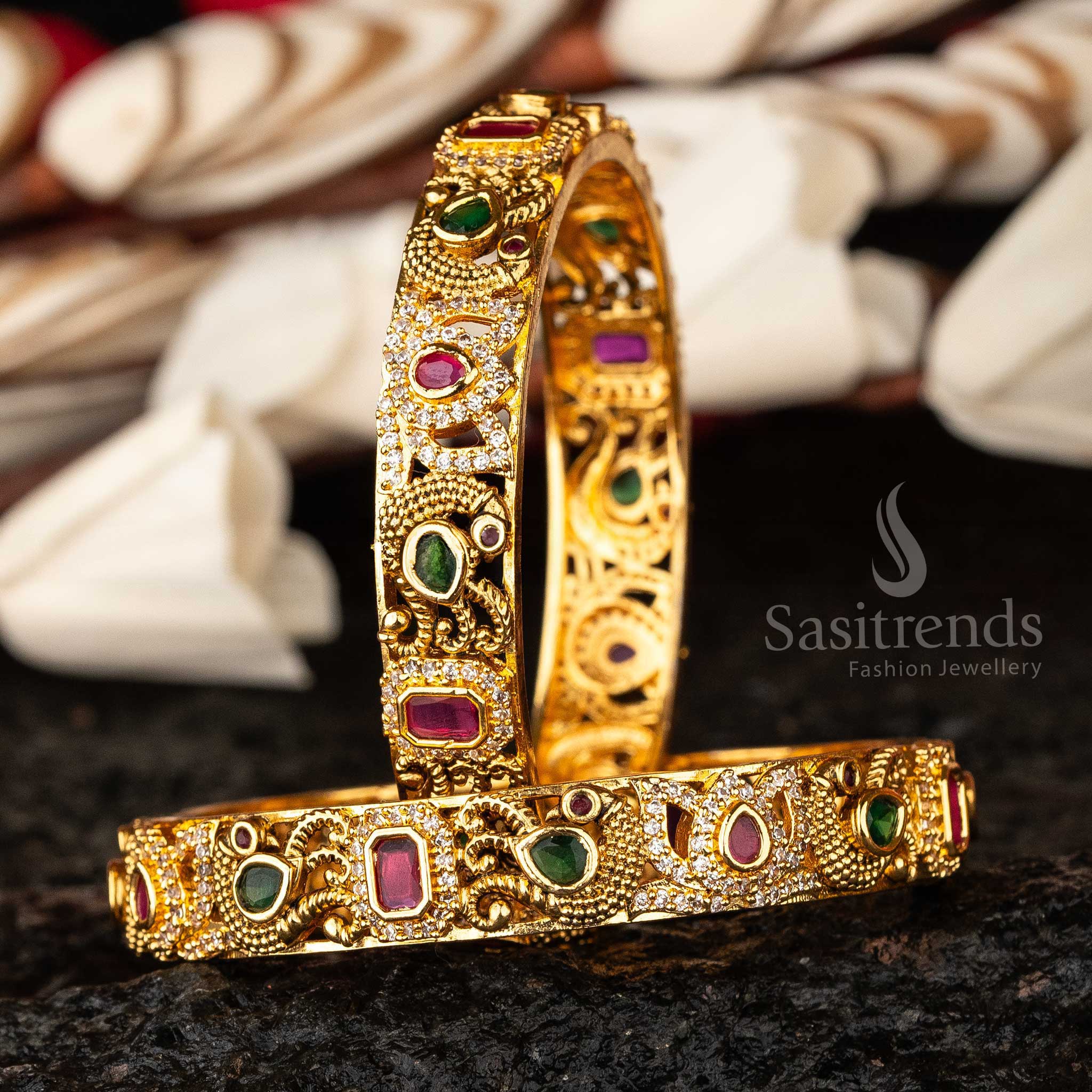 Ornate Peacock Matte Gold Temple Bangles with AD Stones Sasitrends Online Shopping - Sasitrends