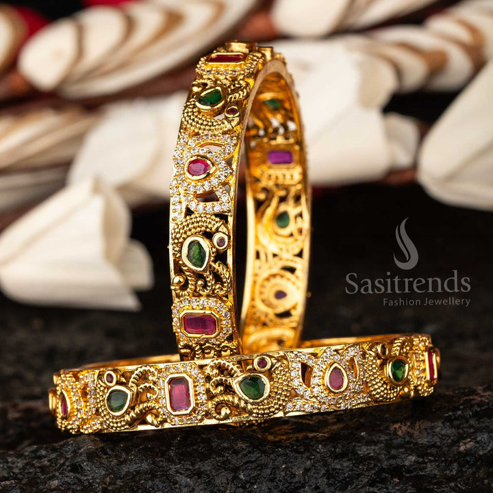 Ornate Peacock Matte Gold Temple Bangles with AD Stones Sasitrends Online Shopping - Sasitrends