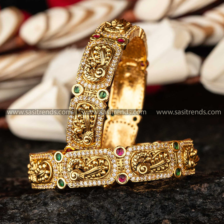 Lavish Peacock Rectangle Matte Gold Temple Bangles with AD Stones - Sasitrends