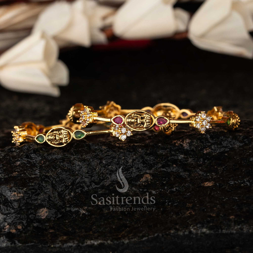 Traditional Temple Elegance Matte Gold Lakshmi Oval Motif Bangles with AD Stones Sasitrends Online Shopping