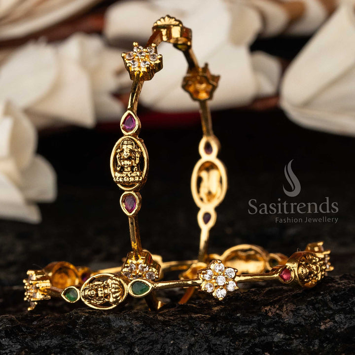 Sasitrends - Temple Elegance Matte Gold Lakshmi Oval Motif Bangles with AD Stones