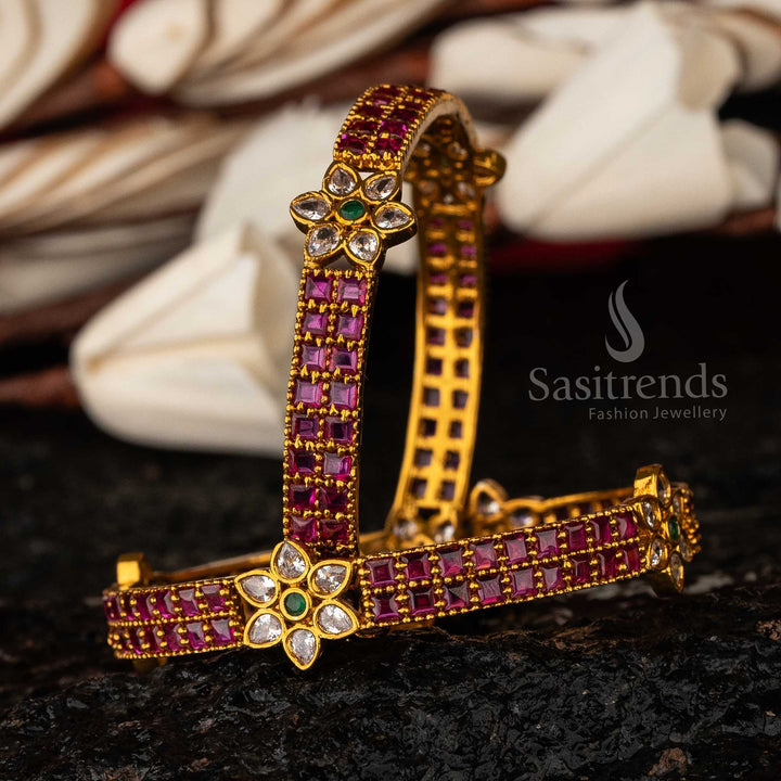 Radiant Flower Matte Gold Temple Bangles with AD Stones Sasitrends Online Shopping - Sasitrends