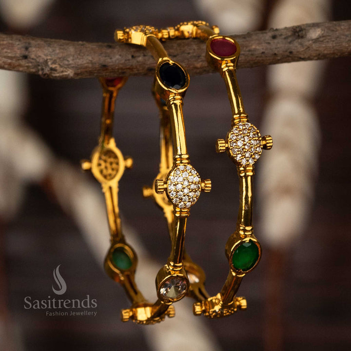 Sophisticated Oval Motif AD Stone Temple Matte Gold  Plated Bangles - Sasitrends