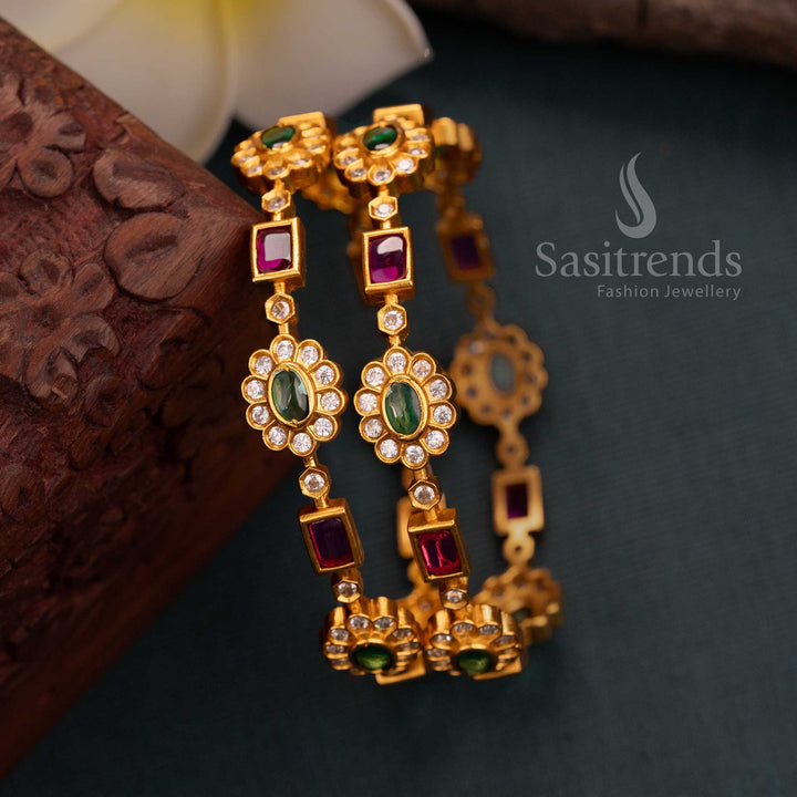 Gorgeous Temple Matte Gold Plated Flower and Rectangle Design Bangles for Festive and Wedding Wear