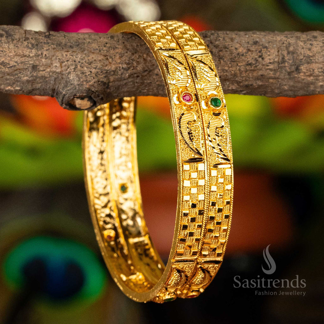 Exquisite peacock motif bangle in size 2.4 with American diamond multicolored stones