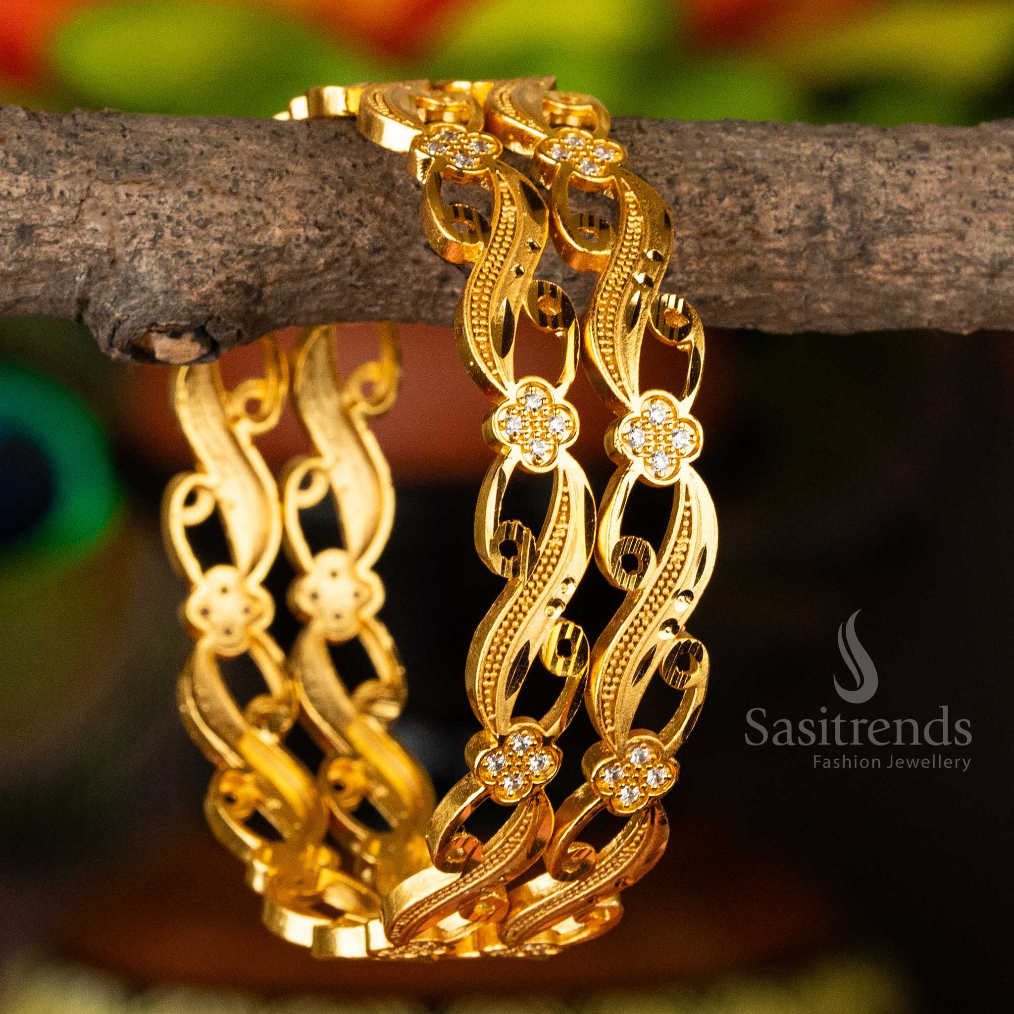 Attractive Gold Plated White Stone Studded Floral Designer Forming Bangles
