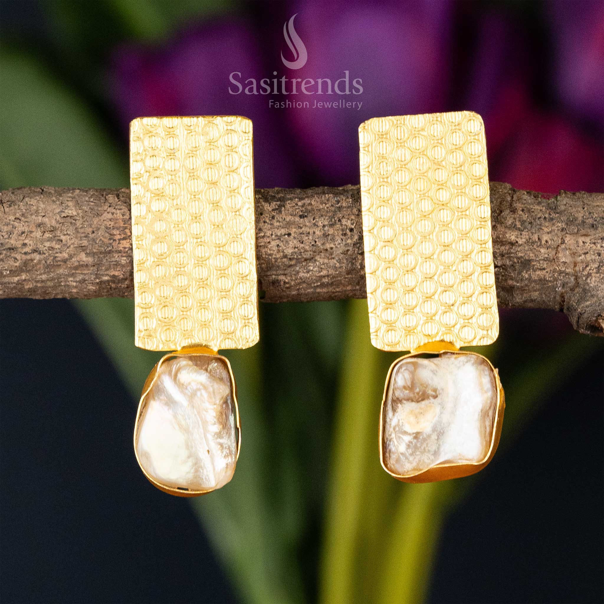 
Textured gold rectangle earrings with unique Mother of Pearl accent
