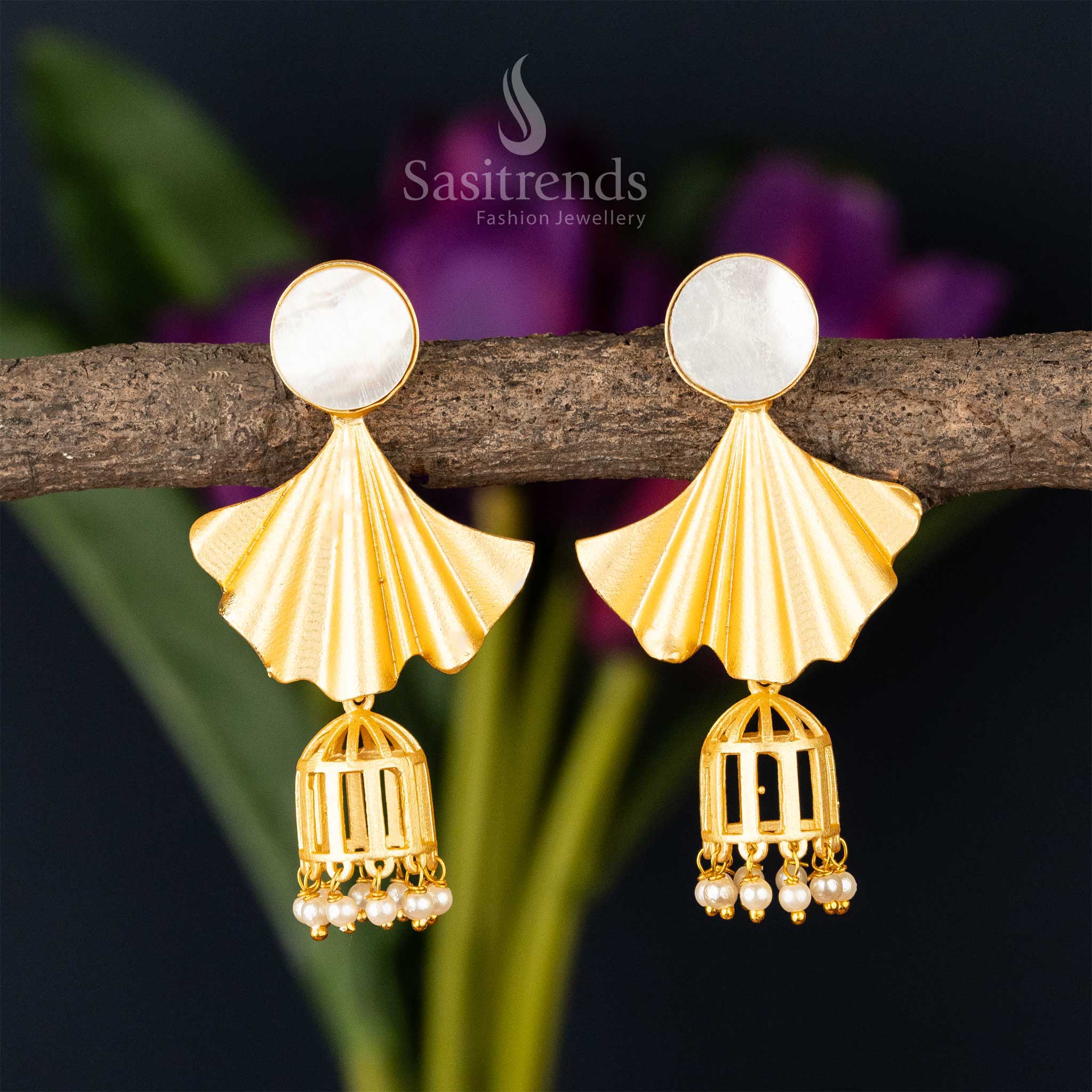 Art deco gilded fan earrings with pearl cage detail and Mother of Pearl stud