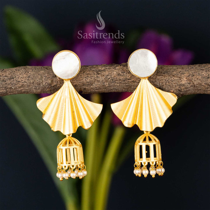 Art deco gilded fan earrings with pearl cage detail and Mother of Pearl stud