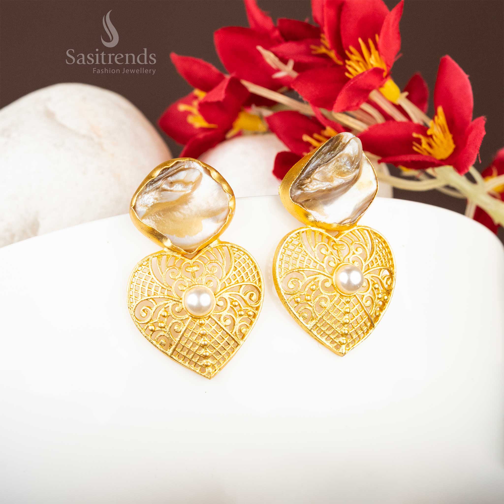 New Arrival: Contemporary Mother of Pearl and Gold-Plated Brass Earring- Sasitrends - Sasitrends