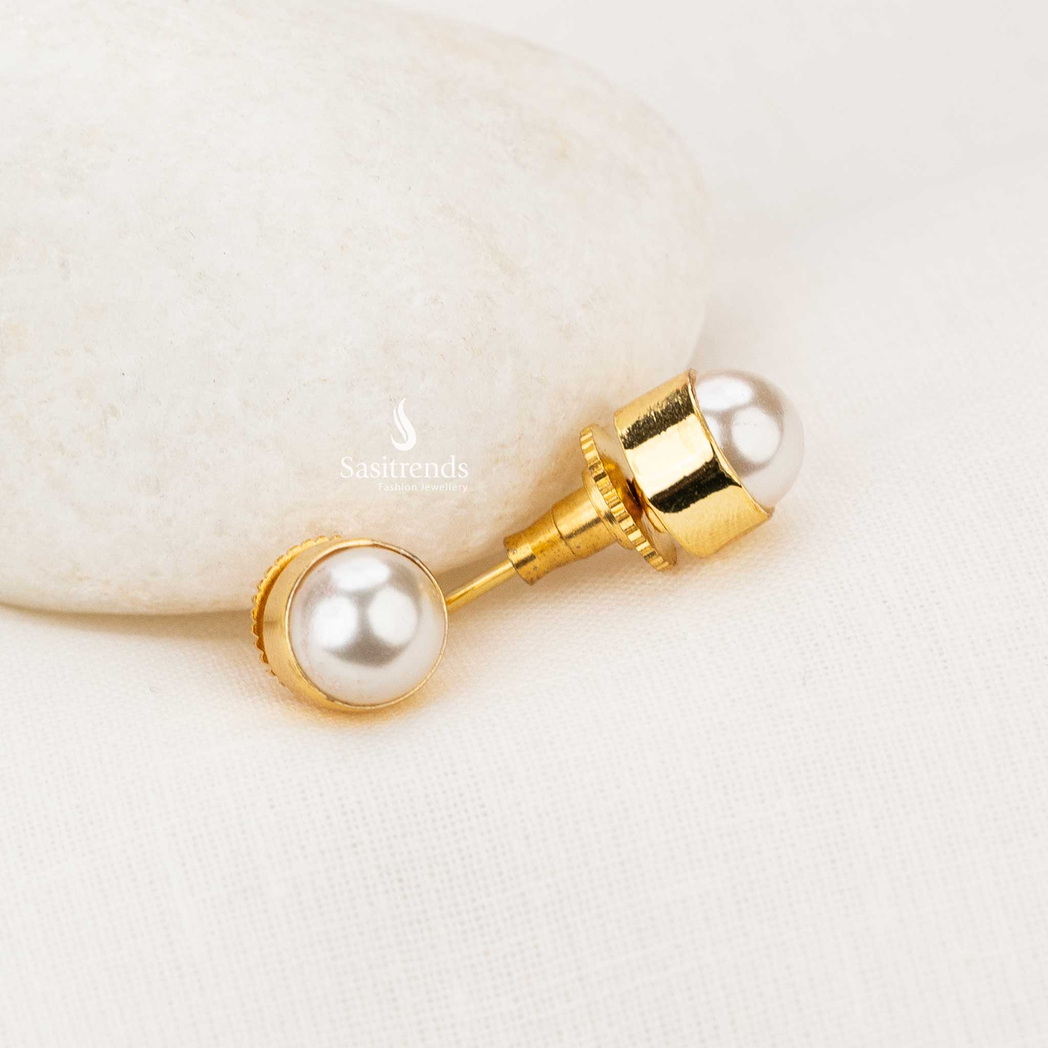 Nira Gold Plated Round Pearl Stud Earrings with Push Back, Perfect for Office - Sasitrends