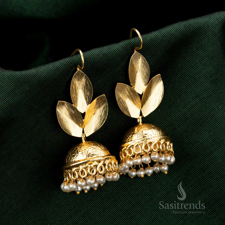 Elegant Gold Plated Jhumka Earrings with Pearl Drops & Leaf Motif For Party Wear - Sasitrends