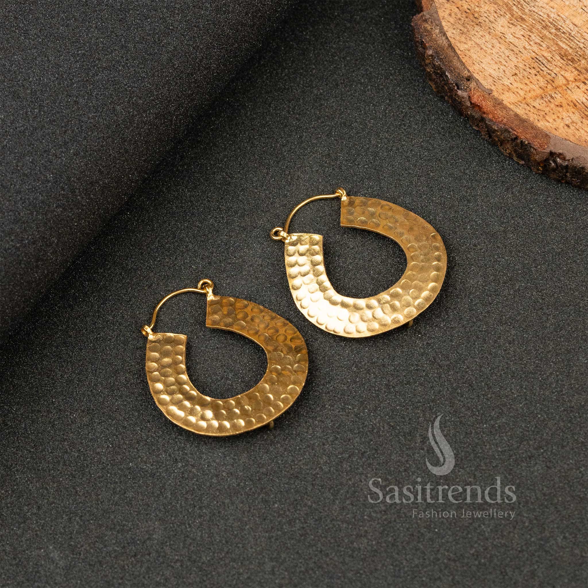 Textured gold-plated half-moon designer earrings with a contemporary flair
