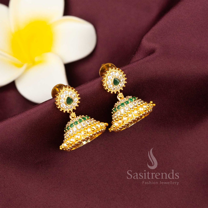 Elegant micro gold white-green jhumkas with kemp AD stones and floral pearl hangings – perfect for ethnic celebration attire – Sasitrends