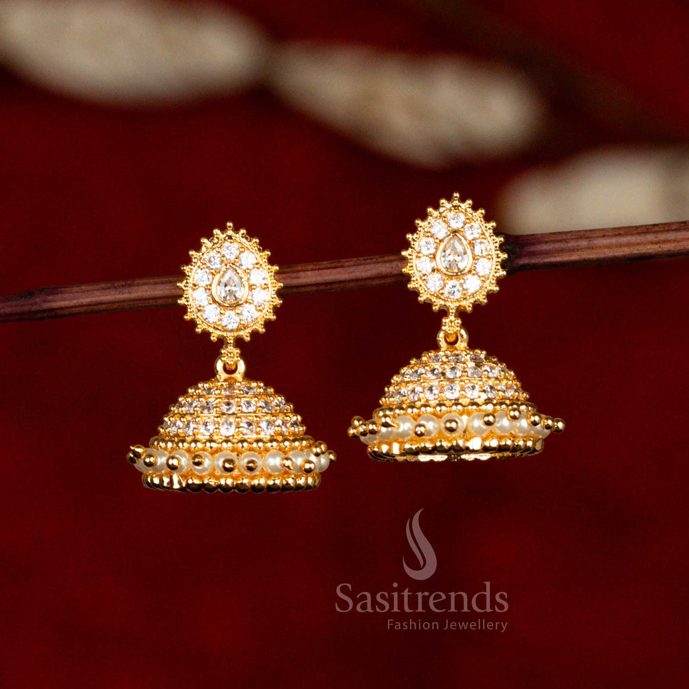 Timeless Elegance: Micro Gold Plated AD Stone Pearl Jhumka Earrings- Sasitrends - Sasitrends