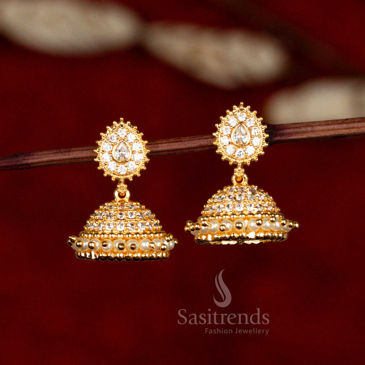 Timeless Elegance: Micro Gold Plated AD Stone Pearl Jhumka Earrings- Sasitrends - Sasitrends