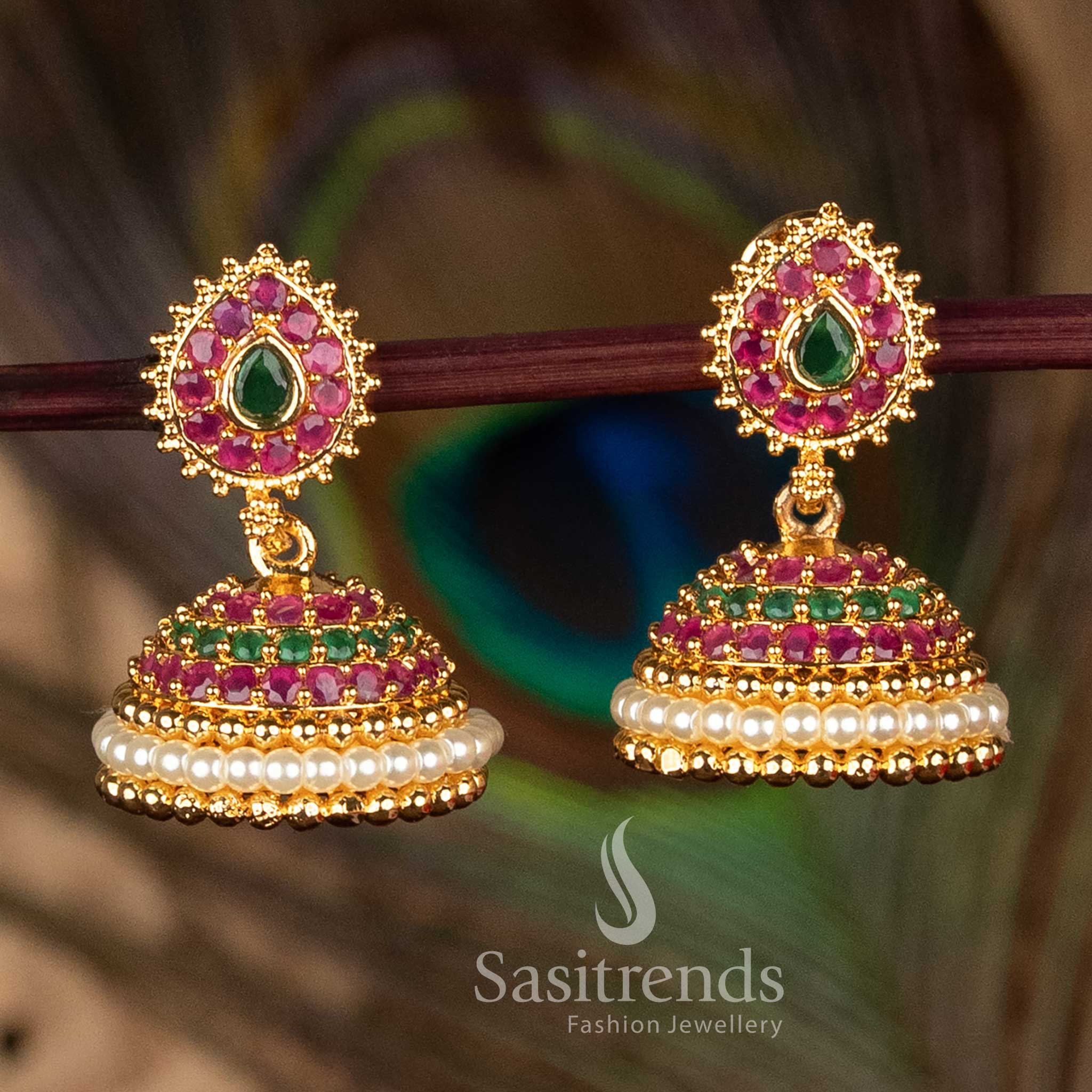 Guaranteed ruby green 24k micro gold plated teardrop jhumka earrings with pearl dome and sparkling American diamonds for stylish celebrations – Sasitrends