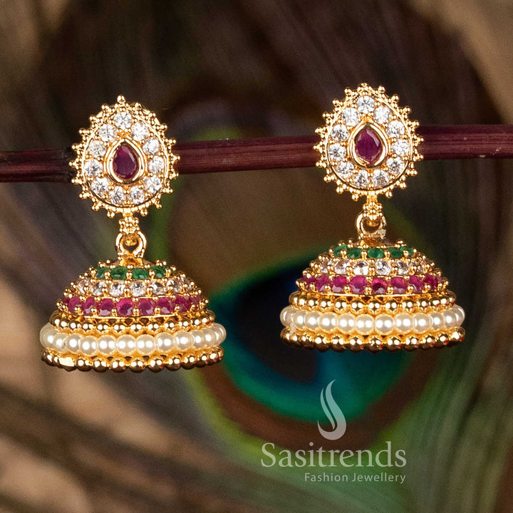 Traditional Multi one gram micro gold plated teardrop jhumka earrings with pearl dome and sparkling American diamonds for stylish celebrations – Sasitrends