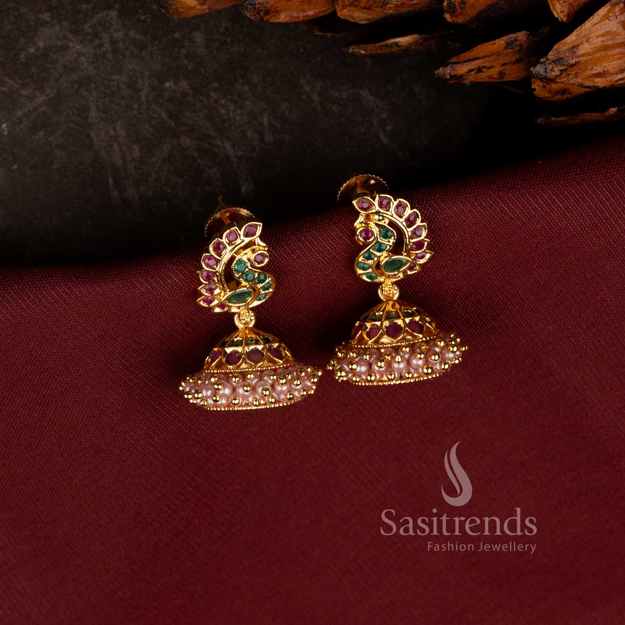 Traditional Micro Gold Plated Peacock Motif Jhumka Earrings - Sasitrends