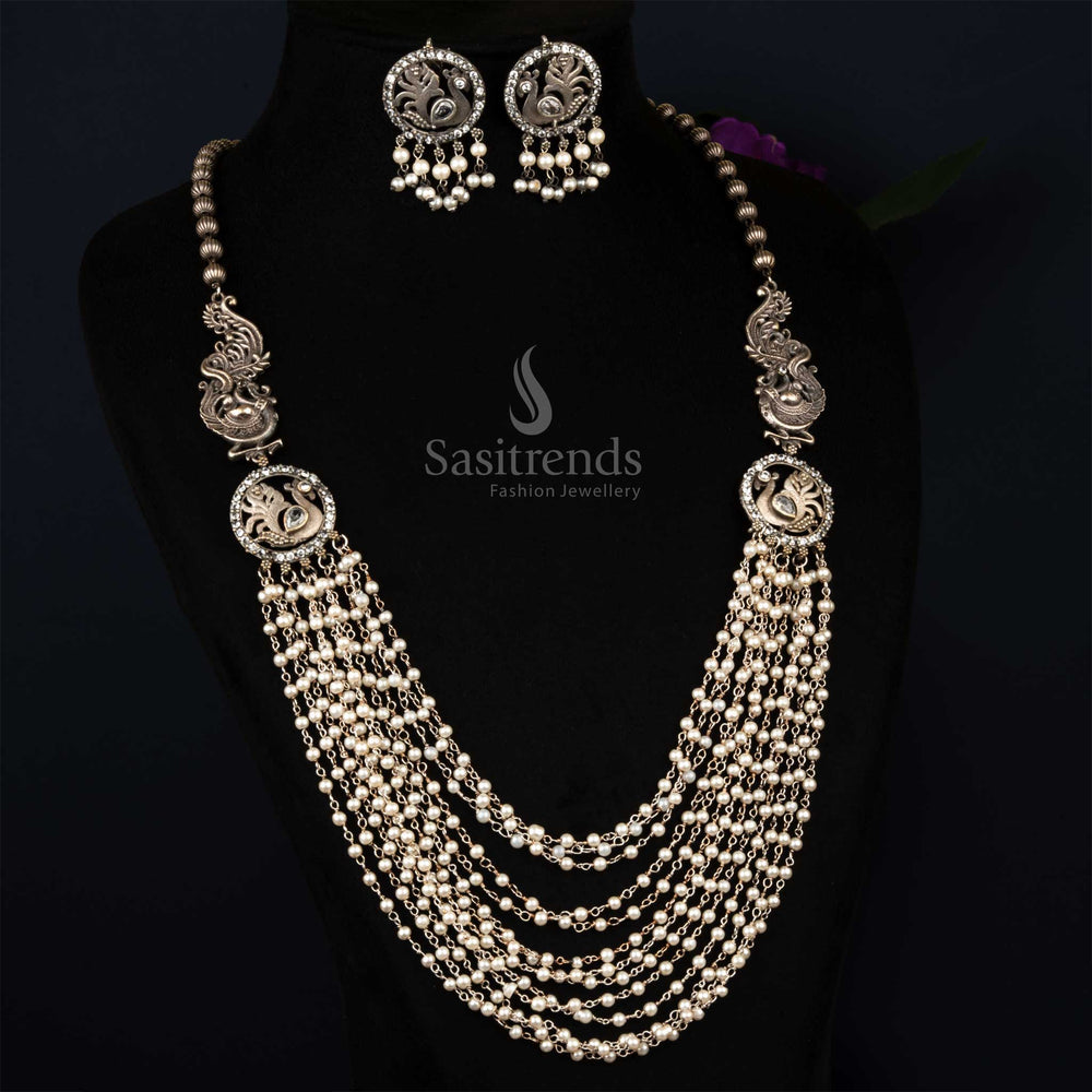 Exquisite Silver Look Oxidised Peacock Designer AD Stones Traditional Festive Wear Jewellery Set With Earrings – A Stunning Antique-Inspired Piece With Intricate Detailing And Sparkling Accents, Perfect For Ethnic Ensembles – Sasitrends