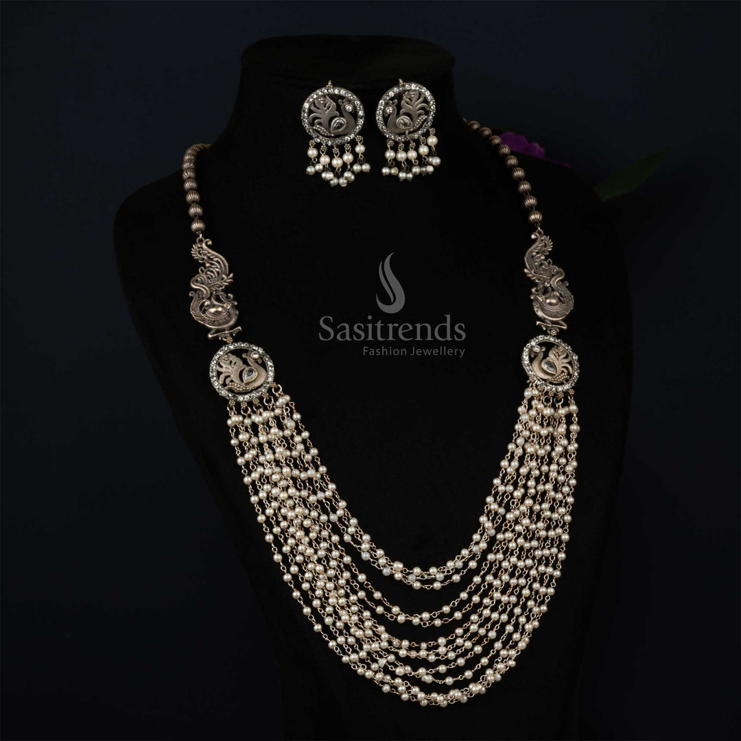 Elegant Silver Finish Oxidised Peacock Motif AD Stones Studded Handcrafted Tribal Touch Jewellery Set With Stud Earrings – A Beautiful Fusion Of Ethnic Charm And Modern Brilliance For Glamorous Occasions – Sasitrends

