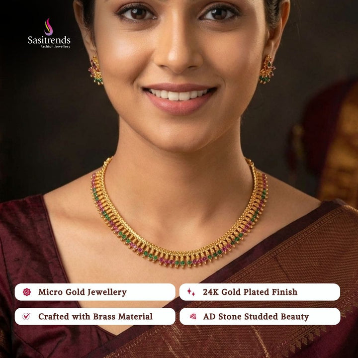 Beautiful collection of micro gold plated necklace sets styled by a model, featuring an elegant traditional jewellery look suitable for weddings, festive occasions, parties, and special events.