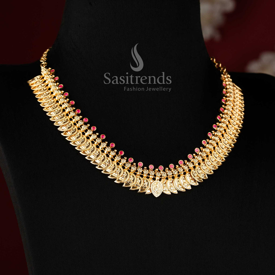 Micro gold plated Lakshmi Mango necklace with ruby pink stones 2343P - Sasitrends