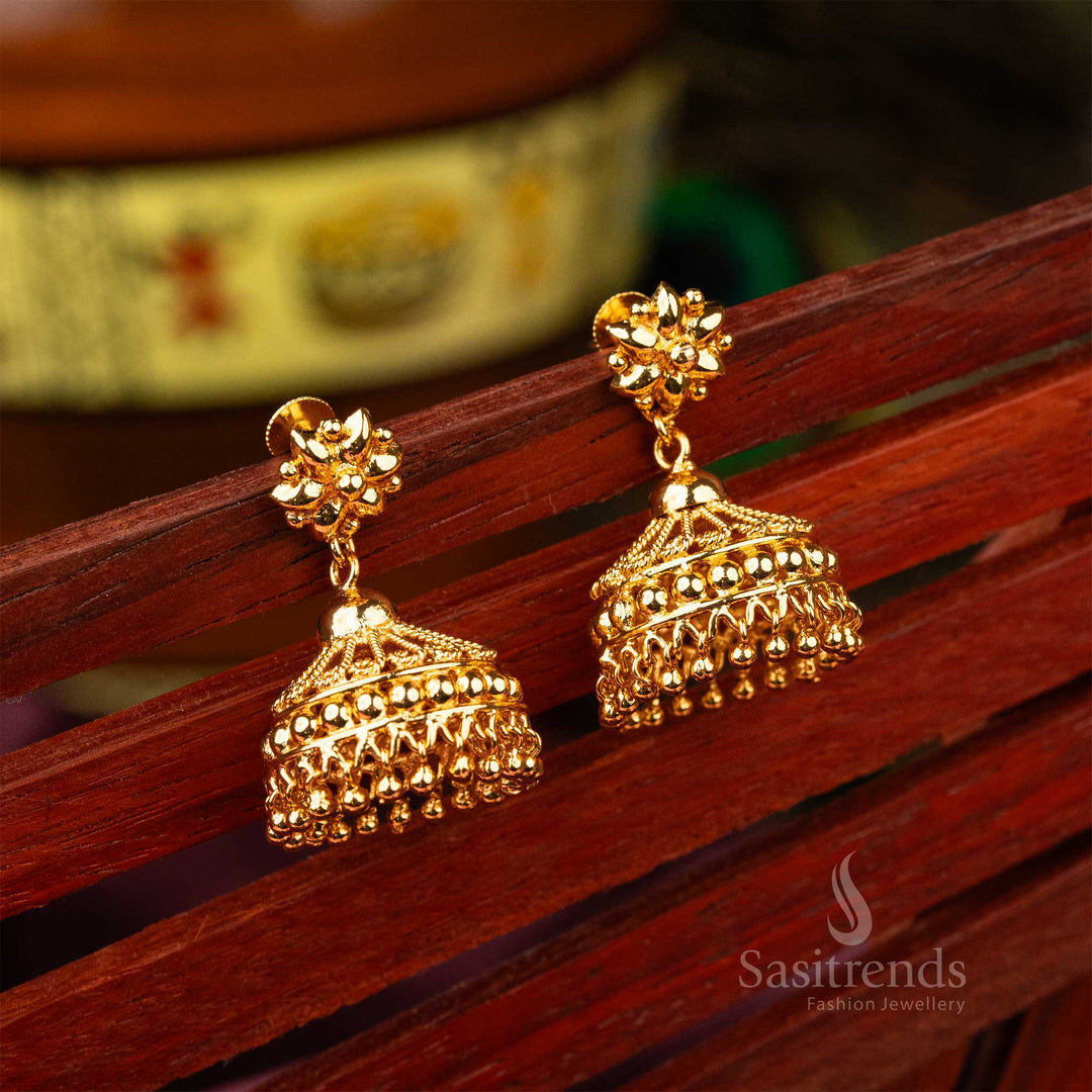 Magnificent grand micro gold plated Kerala style jhumka earrings crafted with traditional artistry for a regal ethnic look - Sasitrends