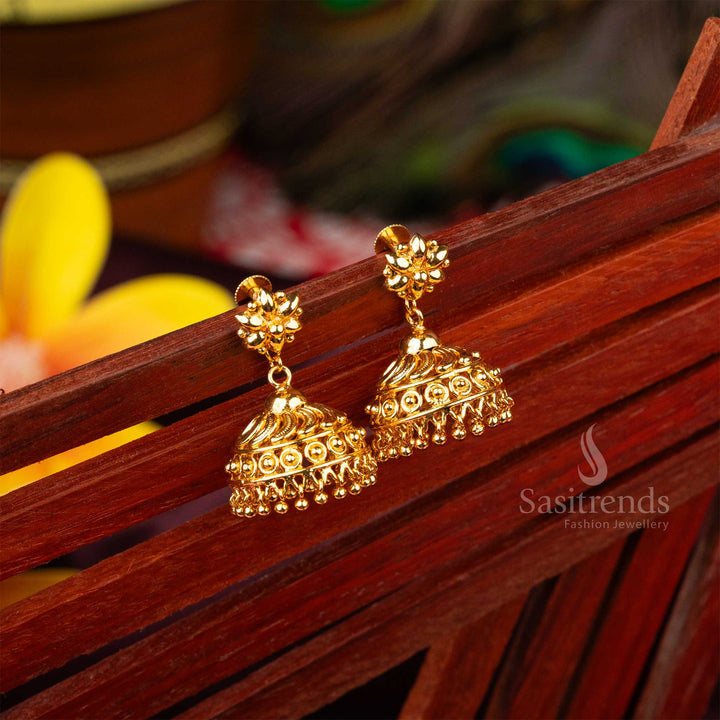Stunning handcrafted micro gold plated Kerala style jhumkas embodying festive charm and rich cultural heritage - Sasitrends