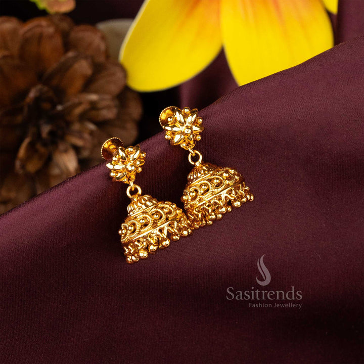 Exquisite intricate carved micro gold plated Kerala traditional jhumka earrings crafted for flawless ethnic elegance - Sasitrends
