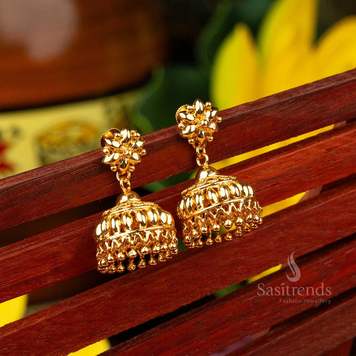 Splendid traditional embossed micro gold plated Kerala temple jhumka earrings reflecting authentic heritage appeal - Sasitrends