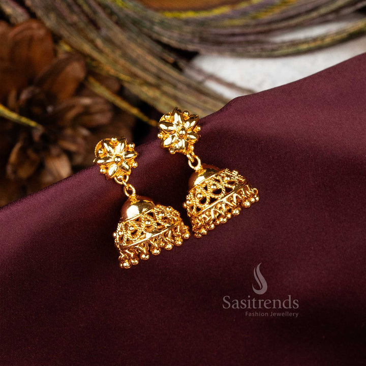 Radiant lustrous fine finish micro gold plated Kerala festive jhumkas crafted for luxurious grand celebrations - sasitrends