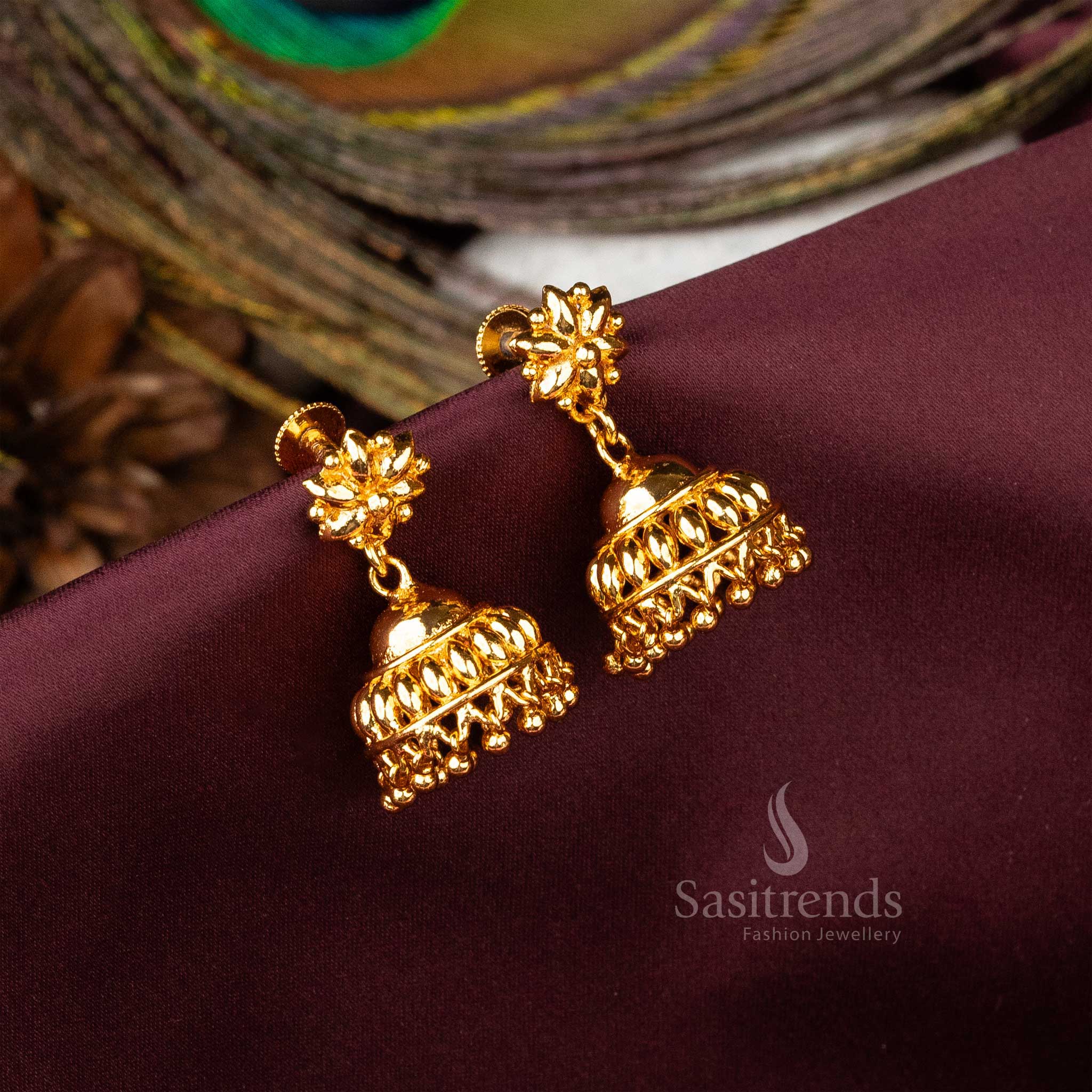 Spectacular dazzling grand micro gold plated Kerala traditional hanging jhumkas featuring graceful elegance and cultural richness - Sasitrends
